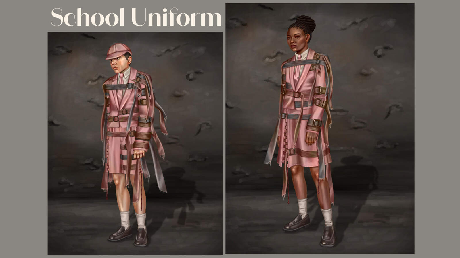Två elever bär dammrosa skoluniformer. Remmar som ser ut som skärp är ojämnt fördelade från bröst till lår utanför kläderna.