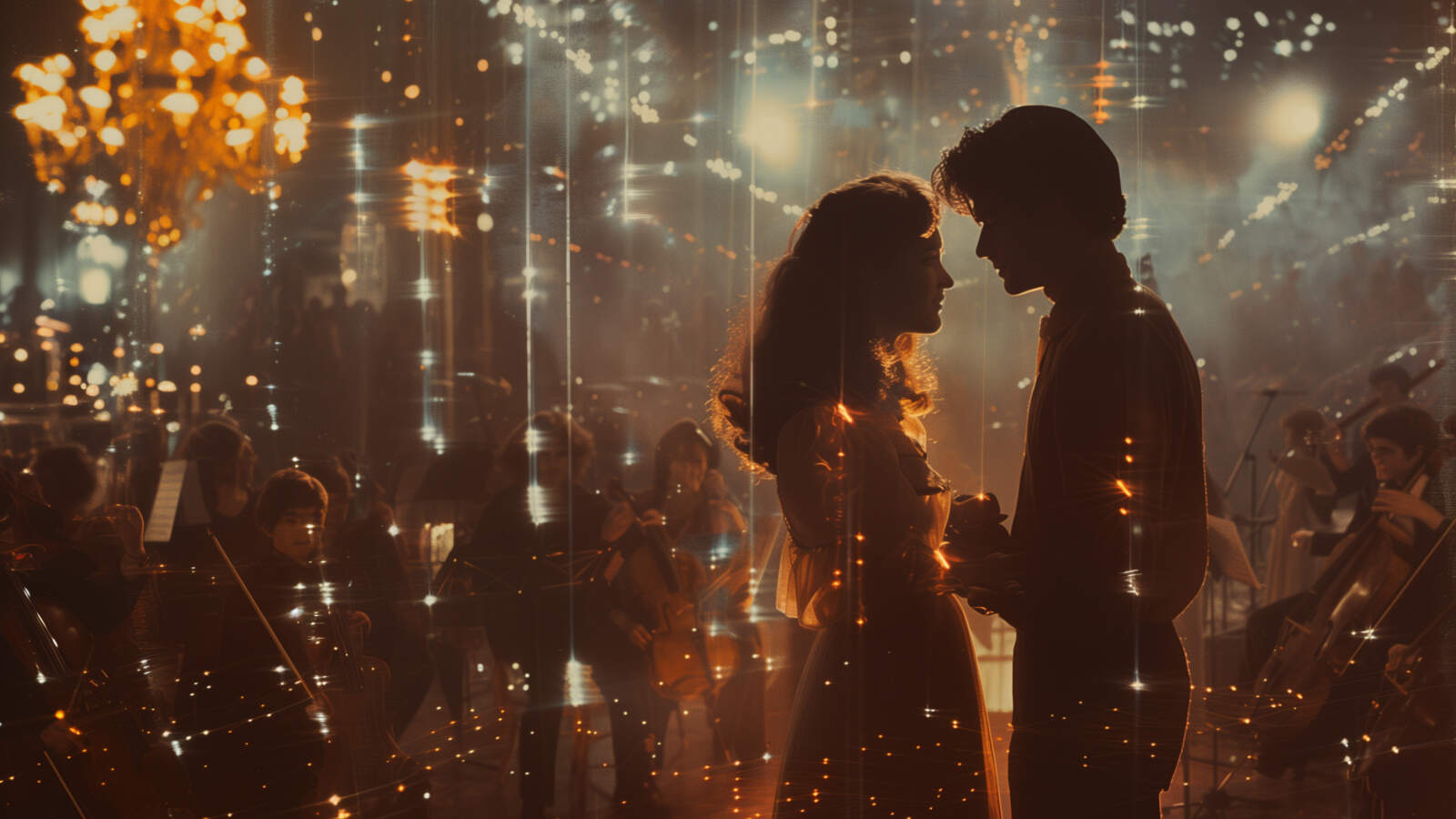 Ett ungt par står mot varandra, i silhuett mot varmt, glittrande ljus. I bakgrunden syns en ljukrona och flera stråkmusiker.