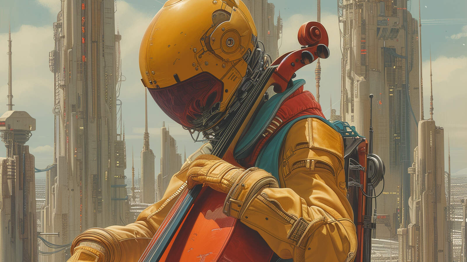 I förgrunden sitter en figur i åtsittande gul rymddräkt och hjälm som spelar cello. I bakgrunden syns en futuristisk stad.