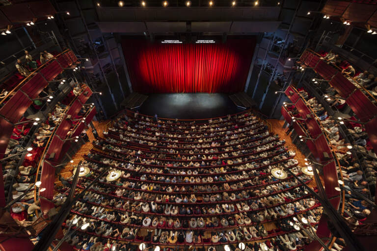 Hundratals publik sitter i en teatersalong innan en föreställning börjar. Röda ridån är upplyst framför scenen.